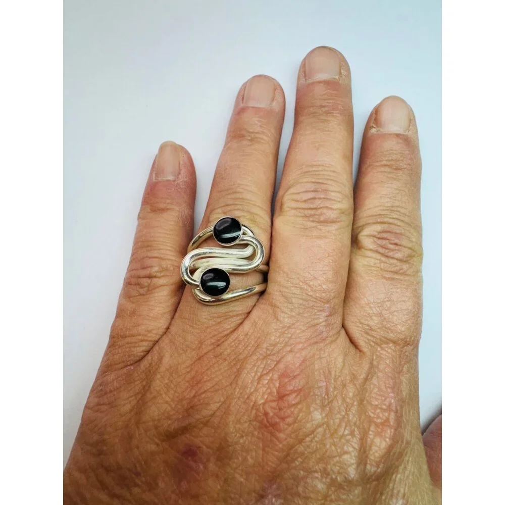 Vintage Sterling Silver 925 Spiral Wrap Ring Black Onyx Size 8 Estate 8.9g - Picture 7 of 10